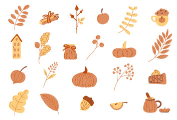 Vector cozy stickers collection: leaf, jar, physalis, acorn, house, branch, cups, apples, pumpkins, house, pie. Outline illustrations.