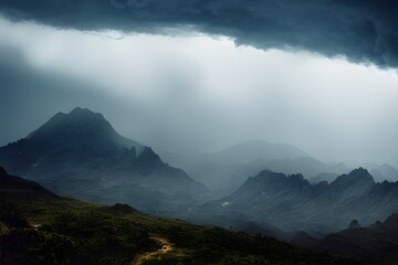 Foggy overcast clouds over mountain range. 
