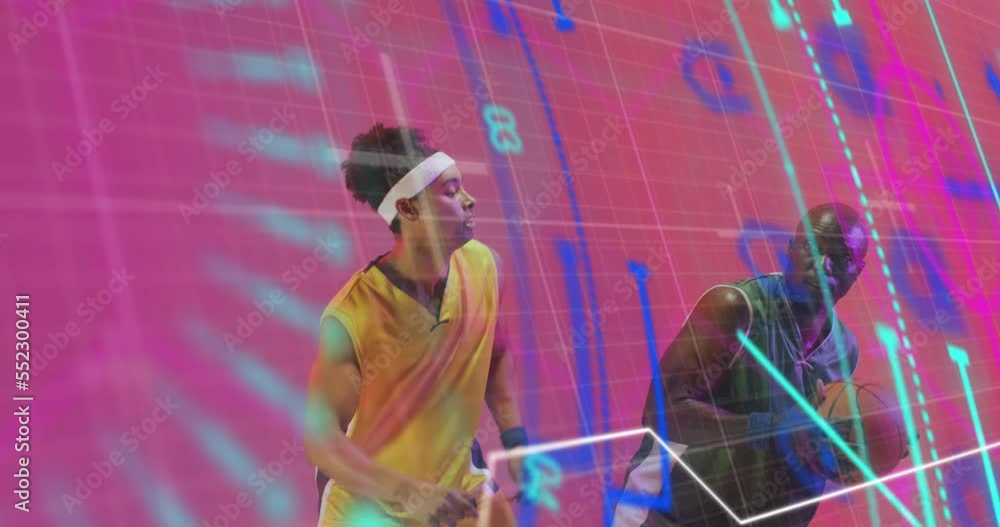 Poster animation of statistics and data processing over diverse basketball players