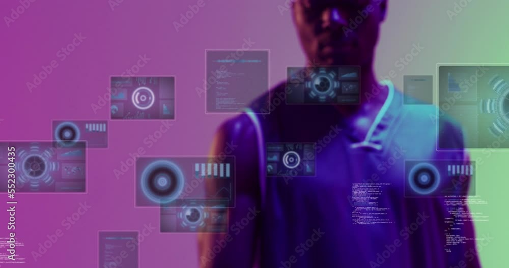 Poster animation of statistics and data processing over african american basketball player