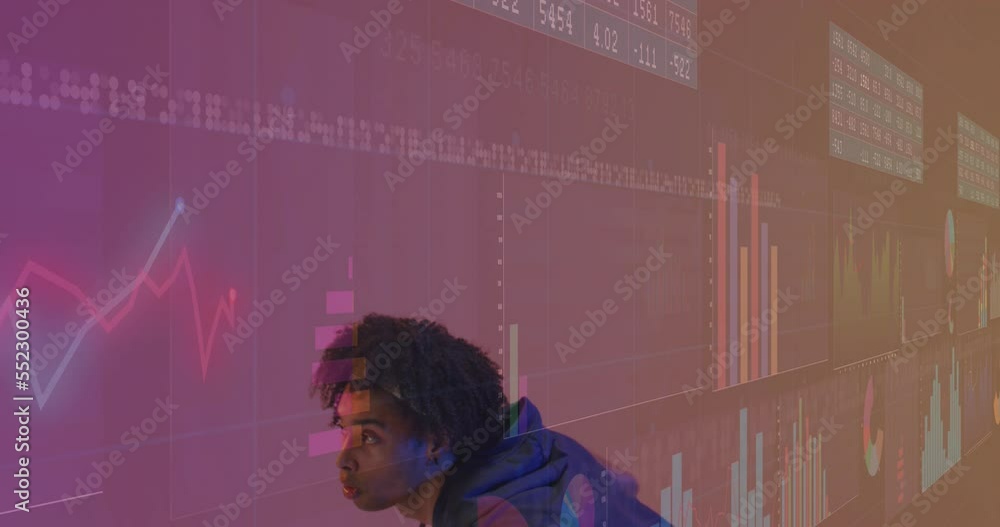 Poster animation of statistics and data processing over biracial basketball player