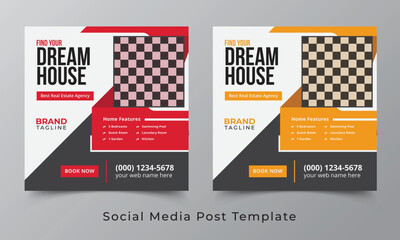 Real estate social media post template design, Real estate and home apartment social media post or banner template design with square shapes