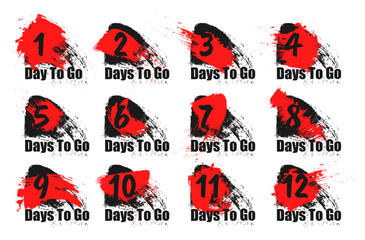 Days to go left counting grunge paint splash badge set vector flat illustration. Countdown number