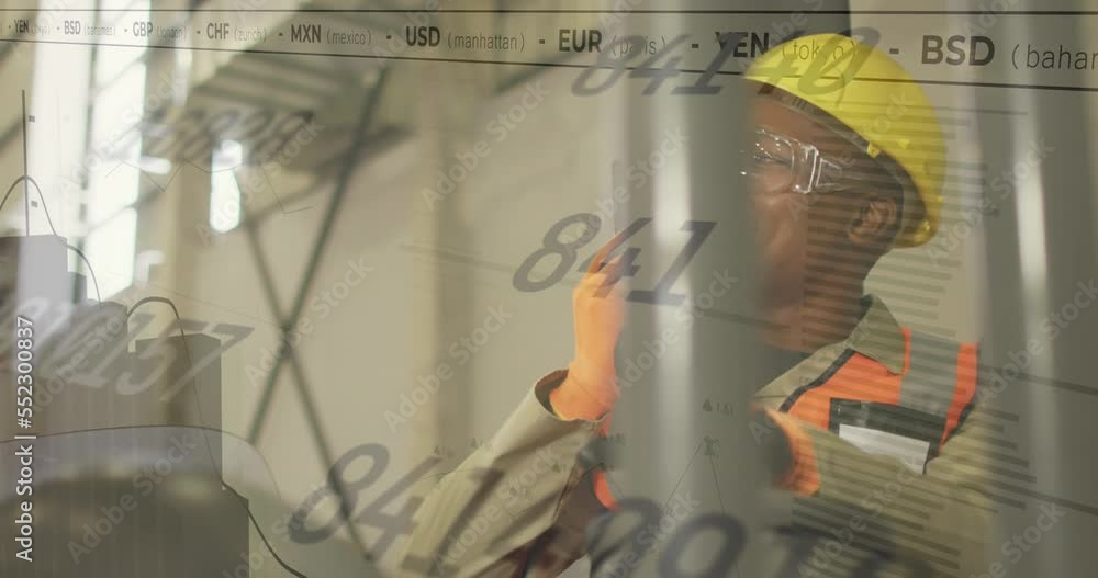 Poster animation of statistics and data processing over biracial man working in warehouse