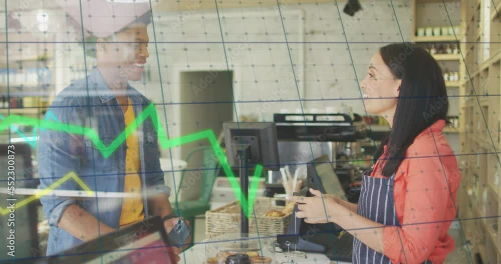 Poster animation of green lines, statistics and data processing over man paying with watch