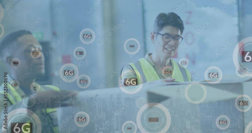 Aufkleber animation of 5g and 6g text data processing over diverse people working in warehouse