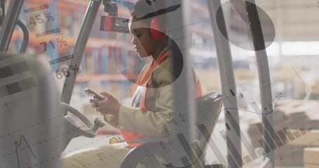 Animation of statistics and data processing over african american woman working in warehouse - Powered by Adobe