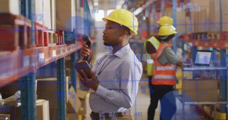 Animation of financial data processing over diverse people working in warehouse - Powered by Adobe