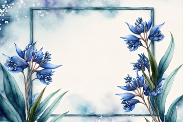 The blue scilla flowers of winter serve as a frame for the watercolor painting. Generative AI - obrazy, fototapety, plakaty