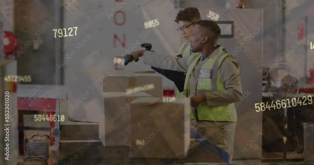 Poster animation of numbers and data processing over diverse people working in warehouse