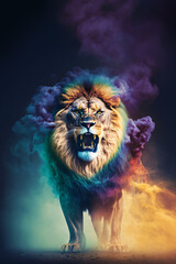 lion in the night, african wildlife, lone hunter, colorful smoke, generative ai - obrazy, fototapety, plakaty