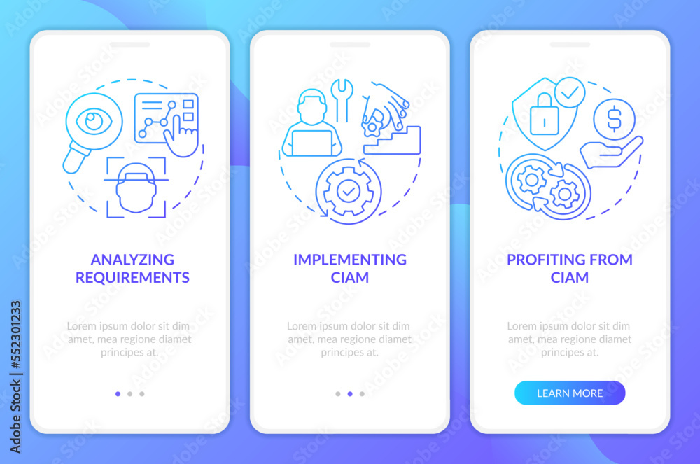 Poster implement ciam strategy blue gradient onboarding mobile app screen. walkthrough 3 steps graphic inst