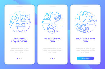Fototapeta na wymiar Implement CIAM strategy blue gradient onboarding mobile app screen. Walkthrough 3 steps graphic instructions with linear concepts. UI, UX, GUI template. Myriad Pro-Bold, Regular fonts used