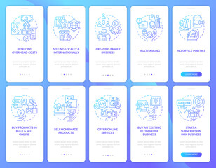 Earning money from home blue gradient onboarding mobile app screen set. Walkthrough 5 steps graphic instructions with linear concepts. UI, UX, GUI template. Myriad Pro-Bold, Regular fonts used