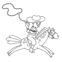 Cowgirl with lasso ride a horse. Vector children outline illustration for coloring page.