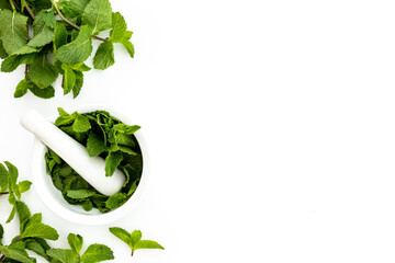 Aroma herbs for medicine and cooking. Mint leaves in mortar