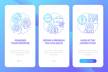 Develop business idea tips blue gradient onboarding mobile app screen. Walkthrough 3 steps editable graphic instructions with linear concepts. UI, UX, GUI template. Myriad Pro-Bold, Regular fonts used