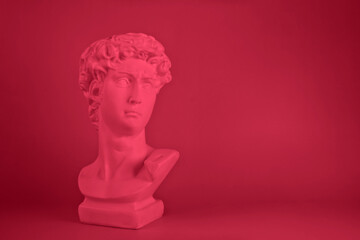 A plaster figure of David's head in a trendy color. Demonstrating the colors of 2023 Viva Magenta.
