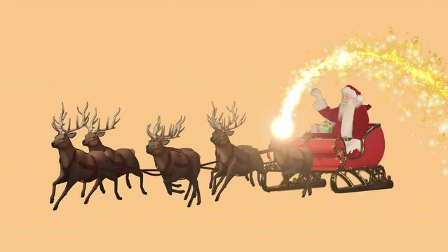 Animation of christmas shooting star and santa claus in sleigh with reindeer