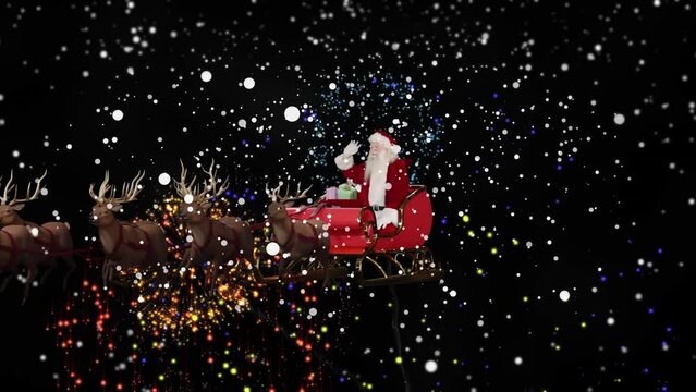 Animation of snow falling and santa claus in sleigh with reindeer