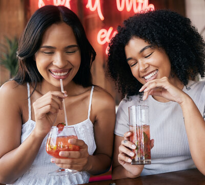 Cocktail, Drink And Happy Hour With Black Woman Friends Drinking In A Club Or Bar Together For Fun. Cafe, Glass And Cocktails With A Young Female And Best Friend Enjoying A Beverage While Bonding