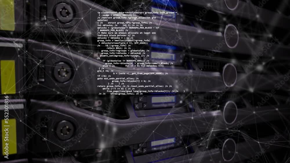 Poster animation of network of connections and data processing over server room