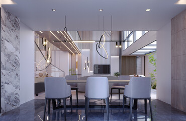 3d rendering,3d illustration, Interior Scene and  Mockup,dining room interior design,moderm style,table,chair.
