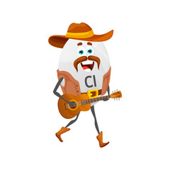 Cartoon chlorine cowboy micronutrient character with guitar. Funny vector cowpuncher personage. Stockrider wear leather vest and hat singing country songs. Wild west texas hero