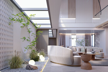 3d rendering,3d illustration, Interior Scene and  Mockup,living room and interior garden,decorated with brown furniture and wood grain.