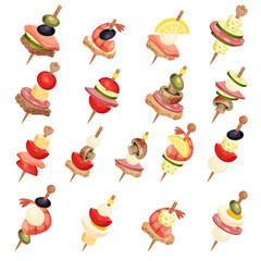 Canape on Skewers as Tasty Snacks and Appetizer Big Vector Set