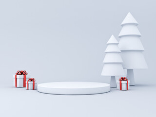 Blank white christmas product podium pedestal background concept or blank product display stand platform showcase isolated on white snow abstract background with shadow minimal conceptual 3D rendering