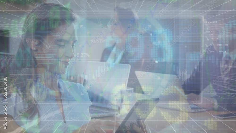 Poster animation of data processing over diverse business people working at office
