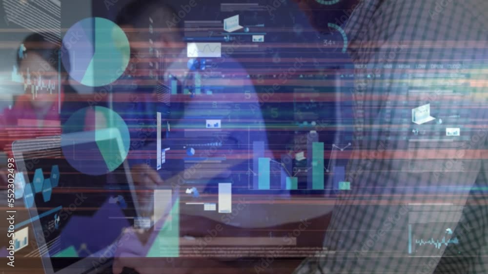 Poster Animation of data processing over diverse business people working at office