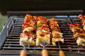Barbeque skewers meat with vegetable grilling on charcoal bbq grill in backyard