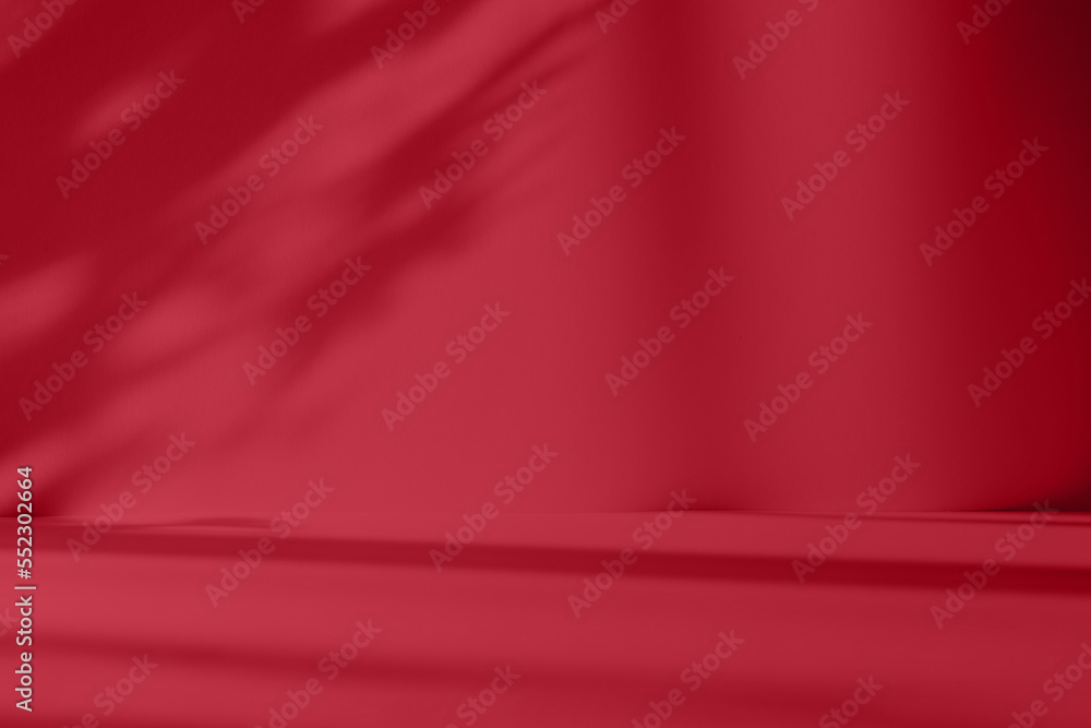 Poster Abstract red studio background for product presentation. Empty room with shadows of window and flowers and palm leaves . 3d room with copy space. Trendy Color of the Year 2023 viva magenta