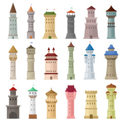 High Stone Towers with Castellation Walls and Windows Big Vector Set - obrazy, fototapety, plakaty