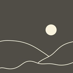 artistic simple modern illustration abstraction in boho style - night landscape (mountains and hills and moon) on a dark background
