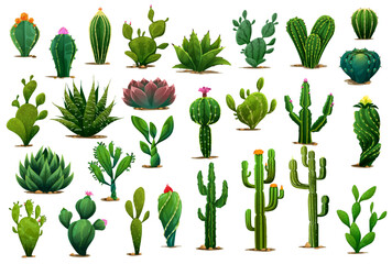 Cartoon prickly succulent cactus plants and desert flowers. Isolated vector green cacti plants of aloe, agave and opuntia with blossom flowers, prickly saguaro or peyote and tropical cactus © Vector Tradition