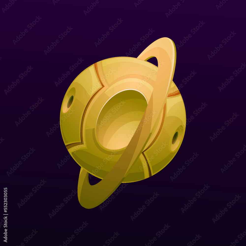 Poster metal cyber planet with ring. aliens space base, cartoon vector futuristic spaceship or artificial p