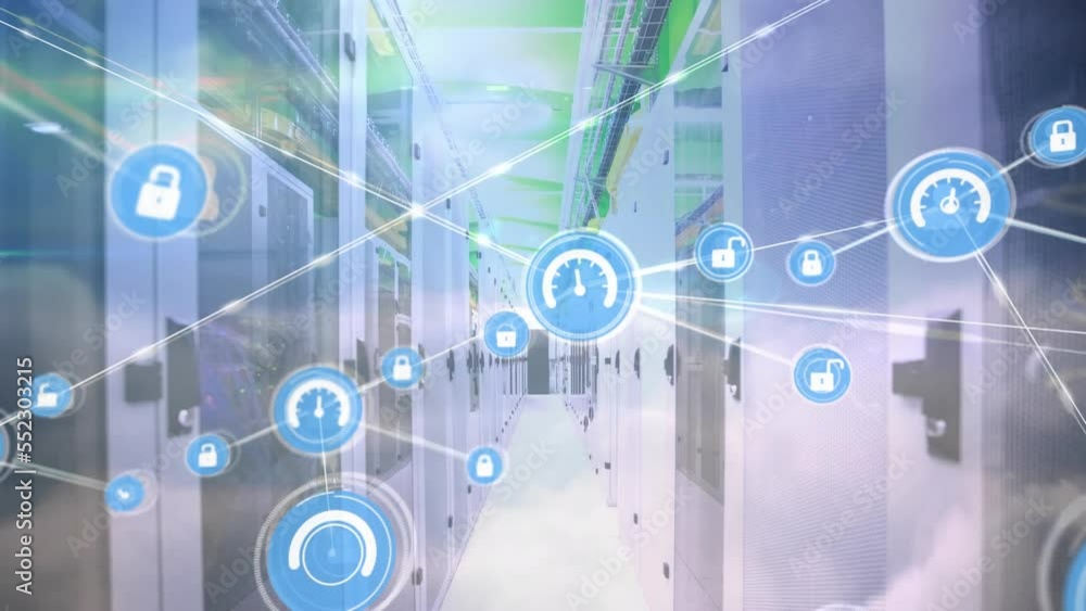 Poster animation of network of connections with icons and clouds over server room
