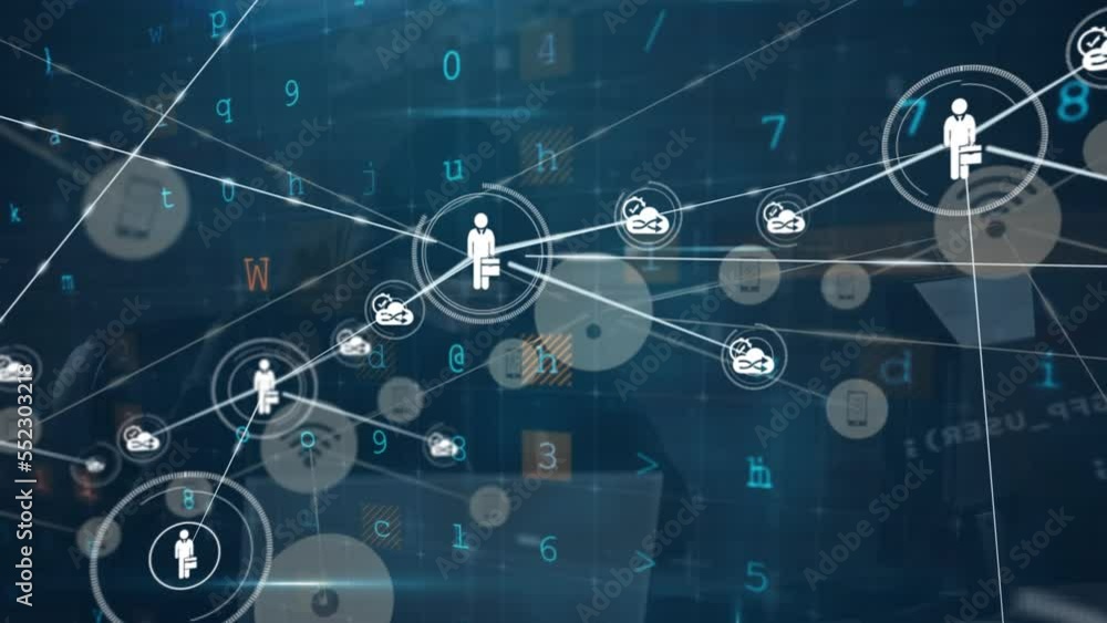 Poster animation of network of connections with icons and data processing over hacker in server room
