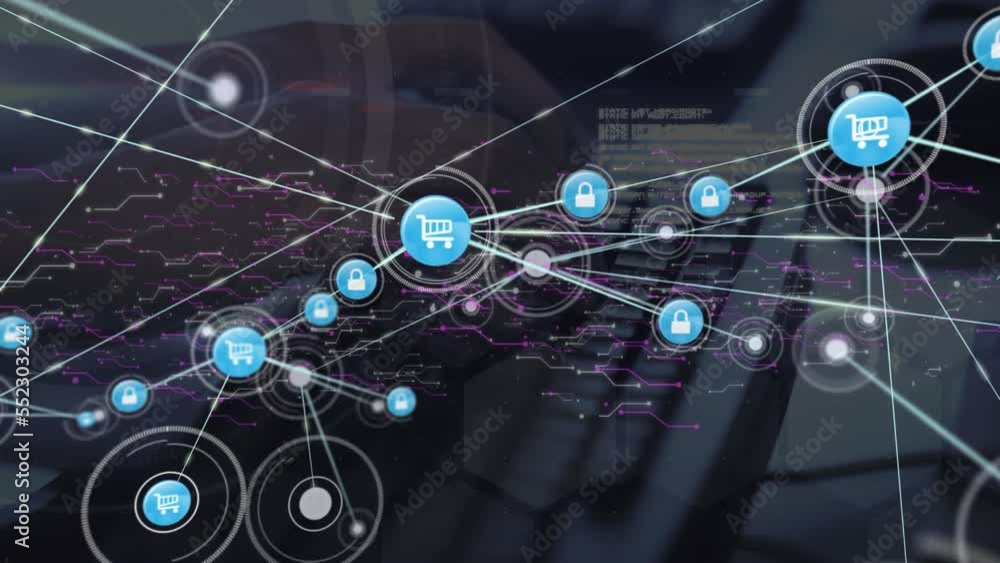 Poster Animation of network of connections with icons and data processing over hands typing on keyboard