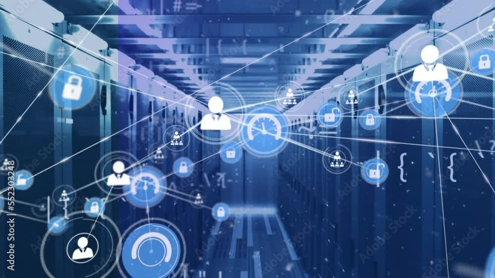 Poster animation of network of connections with icons and data processing over server room