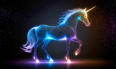 Obraz na płótnie Canvas An unicorn silhouette in a magic place with stars_and_holographic lighting on a dark background, generative AI 