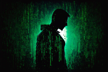 silhouette of a person in the big data cloud with green light and falling flow of information, generative AI