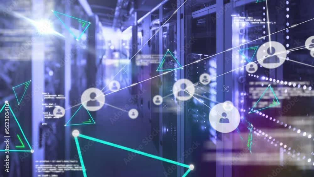 Poster animation of network of connections with icons and data processing over server room