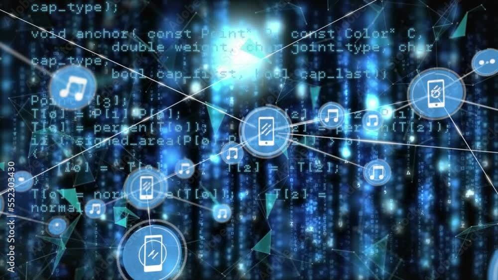 Poster animation of network of connections with icons over data processing on black background
