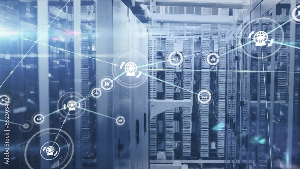 Poster animation of network of connections with icons and moving columns over server room