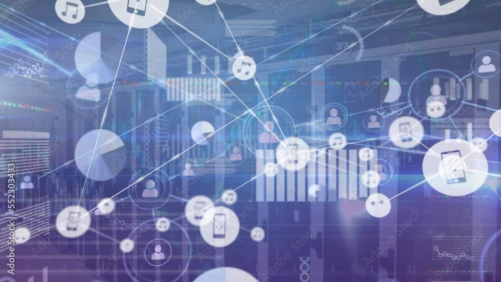 Poster animation of network of connections with icons and data processing over server room