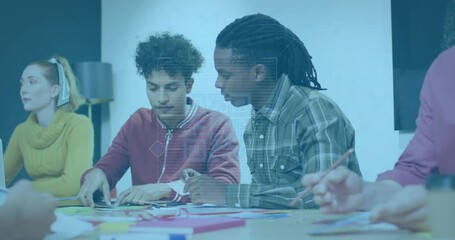 Animation of qr code over diverse business people having meeting at office - Powered by Adobe